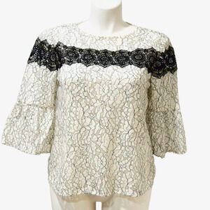 LOFT Black & white rope lace relaxed 3/4 sleeve sheer blouse women's size Medium